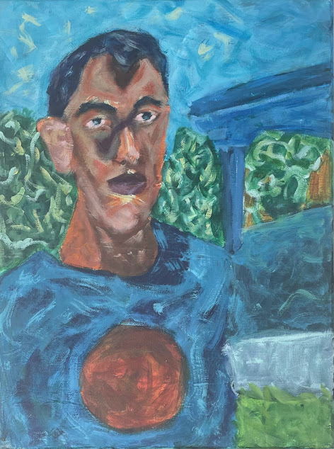 Portrait of the artists with his half of his body on the left of the side of the paiting with everything in the background being dream like and heavily blue and dream like.